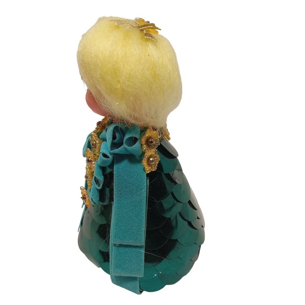 Vintage Handmade Blonde Doll in Green Sequin Dress Blue Felt Trim 60s DIY Kit - Picture 4 of 11
